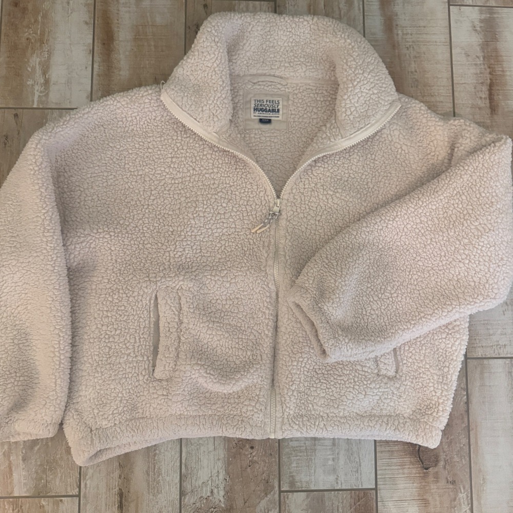 American Eagle Cream Sherpa Fleece Full Zip Huggable Teddy Jacket Womens Medium
